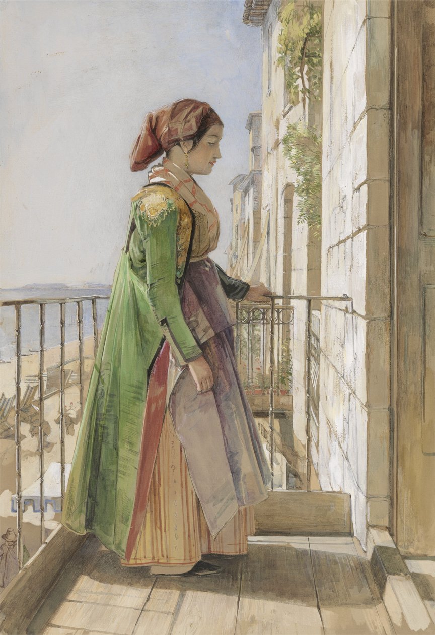 Grecka dziewczyna stojąca na balkonie, ok. 1840 (akwarela i gwasz na papierze) autorstwa John Frederick Lewis
