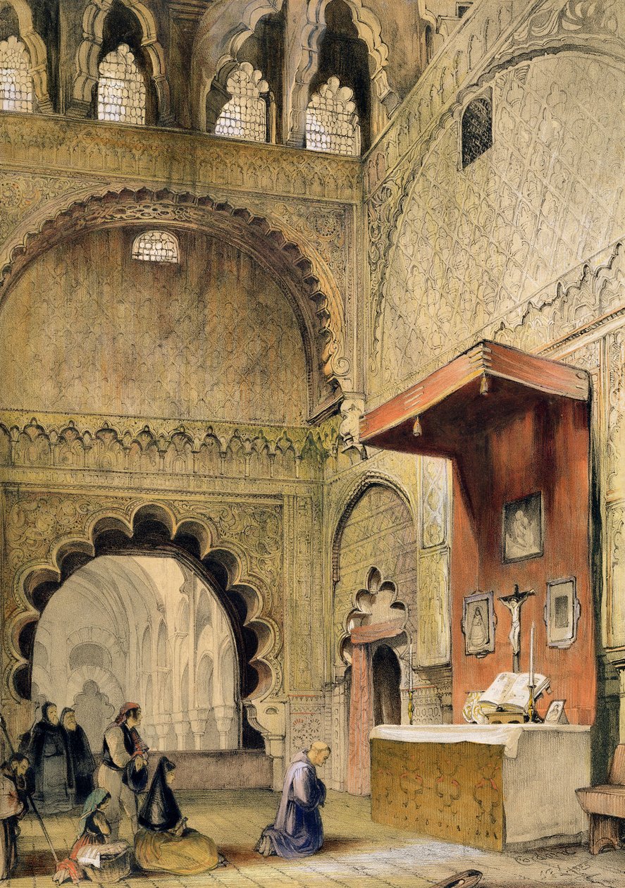 Kordoba: Mnich modlący się przy chrześcijańskim ołtarzu w meczecie, ze „Szkiców Hiszpanii”, rytowany przez Charlesa Josepha Hullmandela (1789-1850), opublikowany 1836 autorstwa John Frederick Lewis