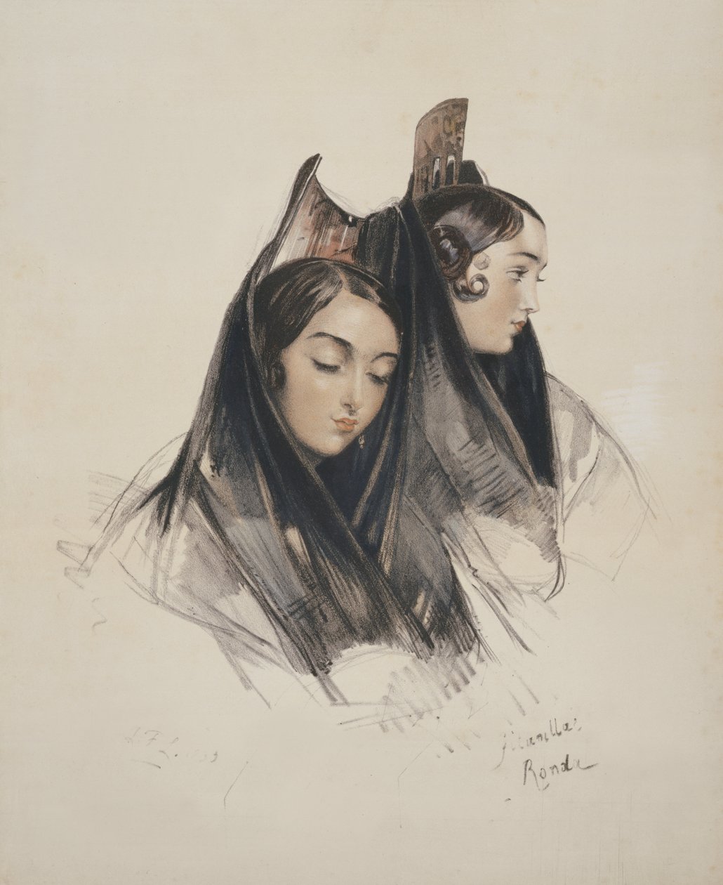 Dziewczyny z Ronda, Andaluzja, tablica 11 ze Szkiców Hiszpanii, rytowana przez Charlesa Josepha Hullmandela (1789-1850) opublikowana w 1836 r. autorstwa John Frederick Lewis
