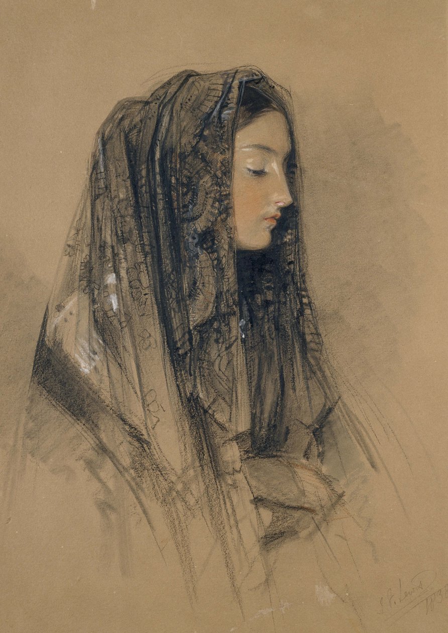 Głowa włoskiej dziewczyny w mantylii, 1838 (czerwono-czarna kreda i indyjski tusz z akwarelami i farbami do ciała na buff board) autorstwa John Frederick Lewis