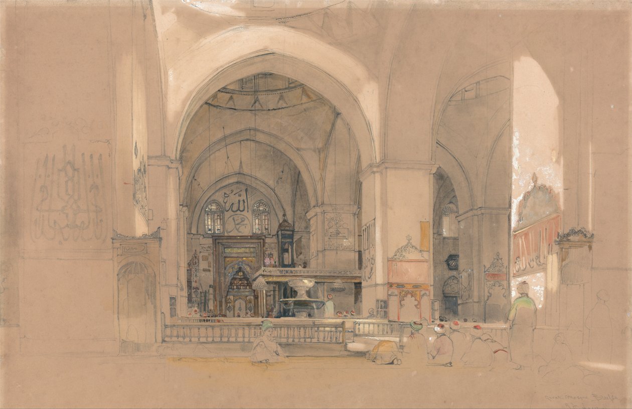 Wnętrze Wielkiego Meczetu, (Ulucami) Bursa, Turcja autorstwa John Frederick Lewis