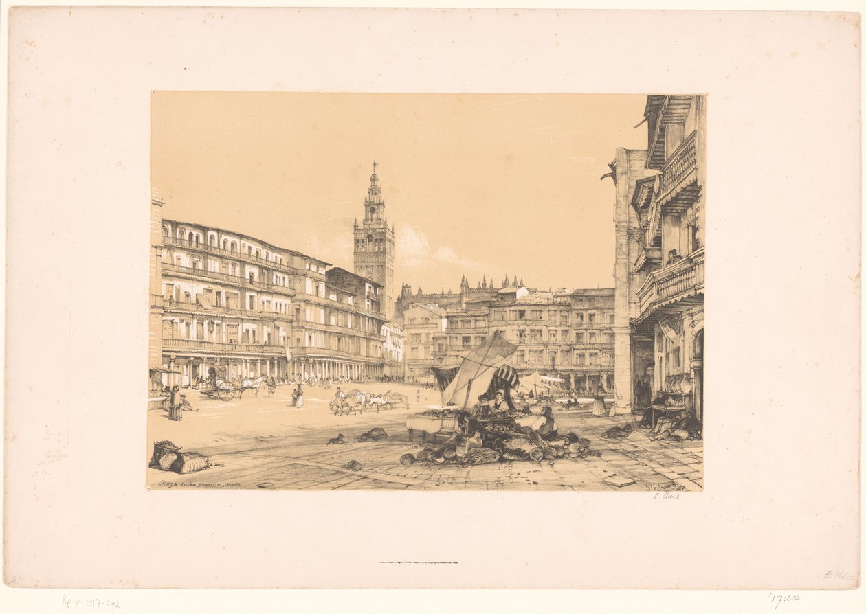 Szkice z podróży do Hiszpanii: Plaza de San Francisco w Sewilli Plaza de San Francisco, Sewilla (tytuł na obiekcie) autorstwa John Frederick Lewis