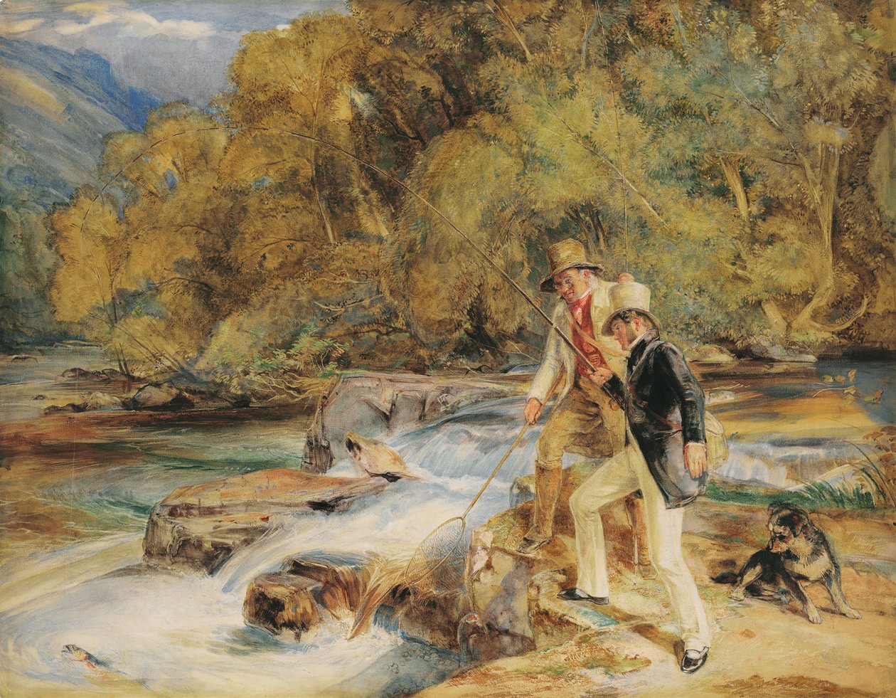 Sir Edwin Landseer, RA z ghillie łowiącym łososia, prawdopodobnie na rzece Dart, niedaleko Holne, Devon (ołówek i w/c z gumą arabską i kolorem ciała i wydrapywaniem na papierze) autorstwa John Frederick Lewis