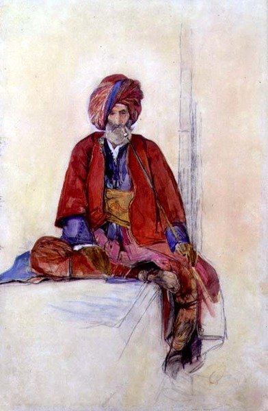 Studium siedzącego Turka palącego długą fajkę, ok. 1841 (kreda, akwarela i gwasz) autorstwa John Frederick Lewis