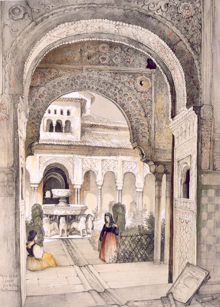 Fontanna Lwów, z Sali Abencerrajes, ze „Szkiców i rysunków Alhambry”, grawerowanych przez Williama Gauciego (fl.1825-54) autorstwa John Frederick Lewis