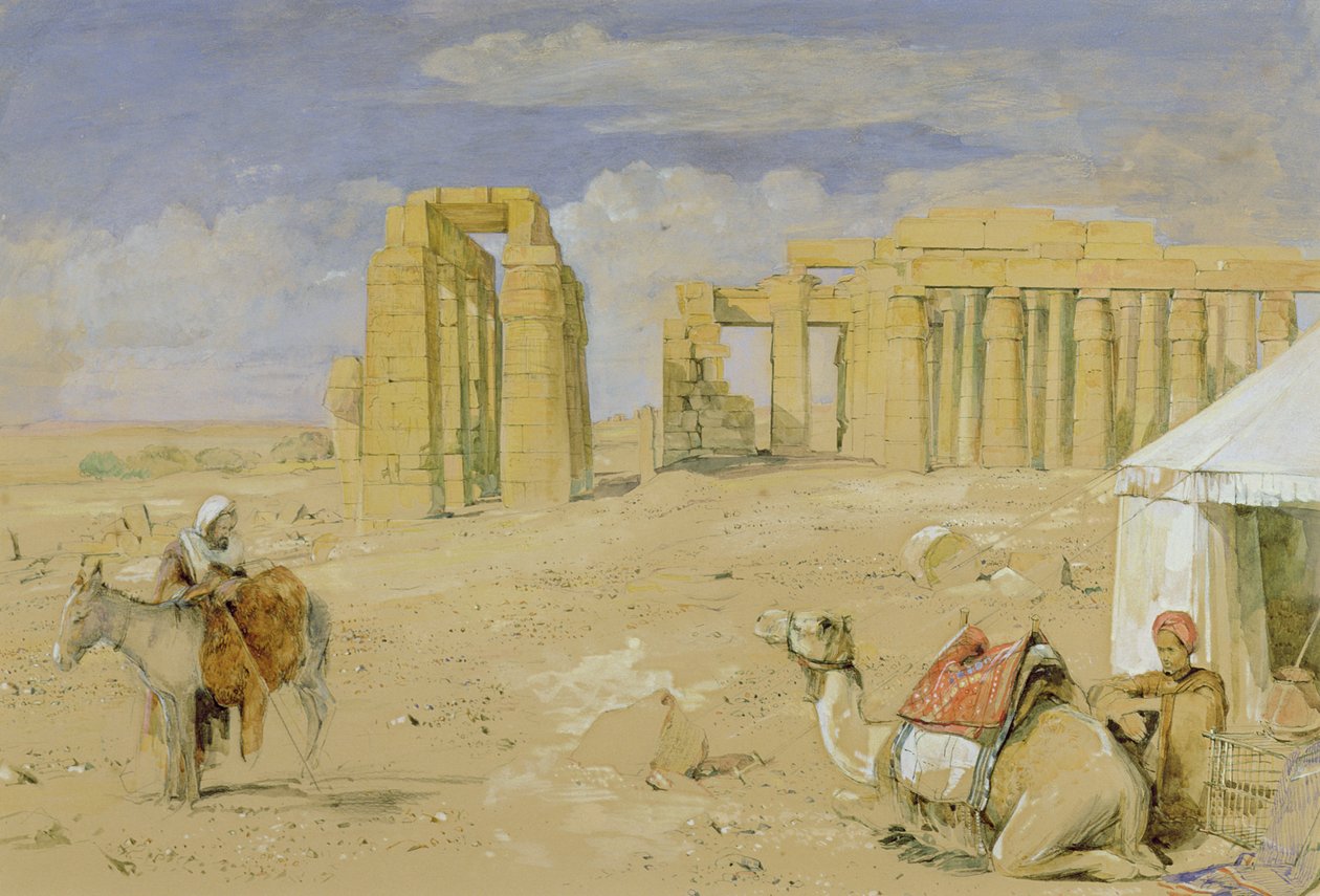 Ramesseum w Tebach, ok. 1850 (akwarela, gwasz, węgiel i kreda na papierze) autorstwa John Frederick Lewis