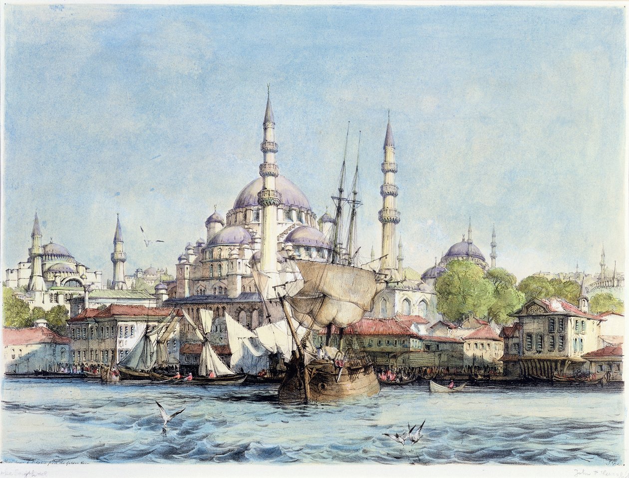 Yeni Jami i św. Zofia ze Złotego Rogu, tablica 9 z „Ilustracji Konstantynopola”, sztychowana przez artystę, wyd. 1838 autorstwa John Frederick Lewis