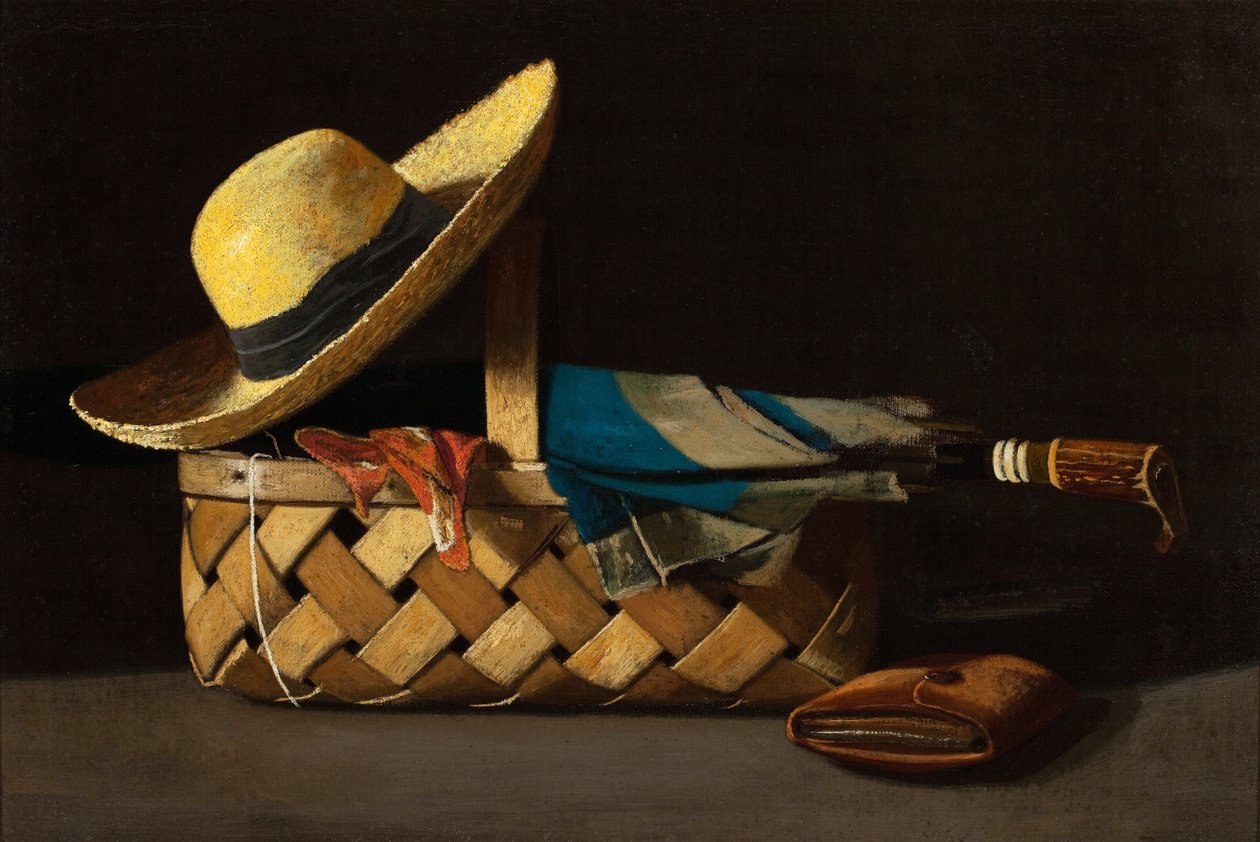 ""Koszyk targowy, kapelusz i parasol" (Koszyk targowy, kapelusz i parasol) Martwa natura - Obraz Johna Fredericka Peto (1854-1907) ok. 1890 r. Kolekcja prywatna autorstwa John Frederick Peto
