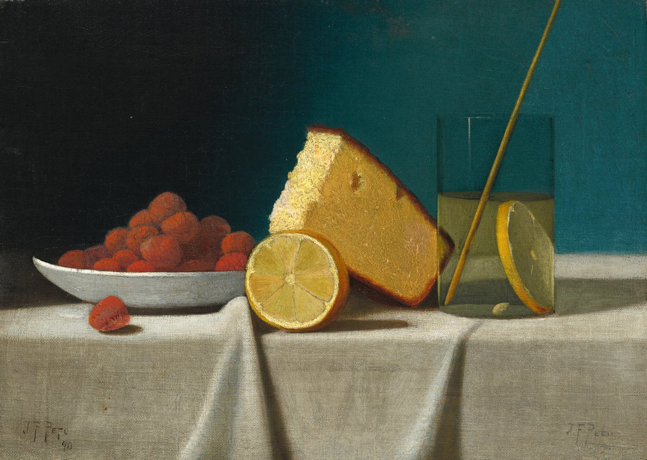 Martwa natura z ciastem, cytryną, truskawkami i szkłem autorstwa John Frederick Peto