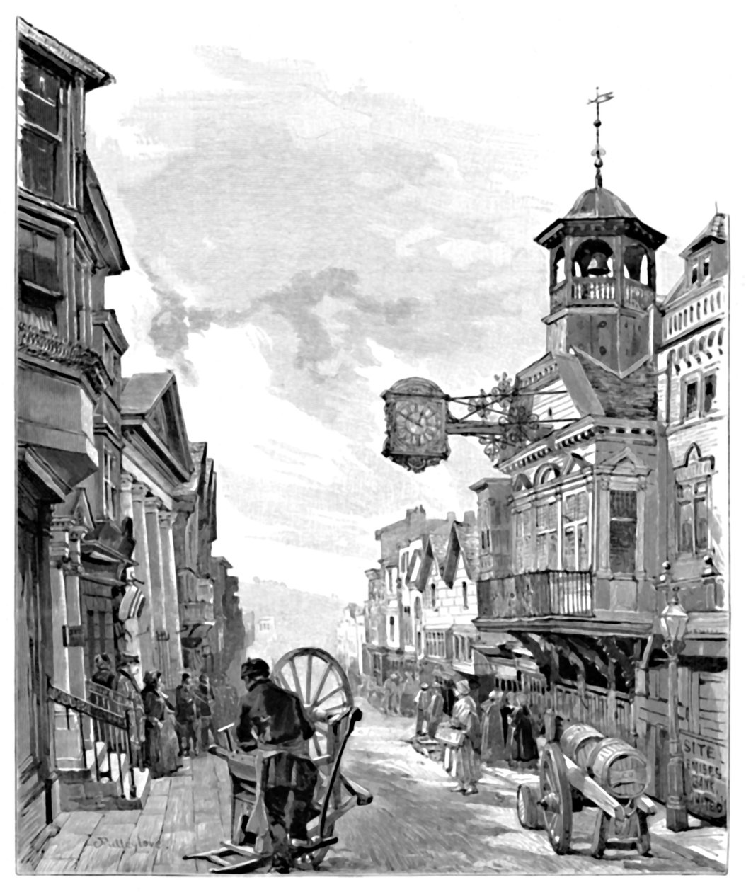 Guildford: High Street, z ratuszem, 1886 r. autorstwa John Fulleylove