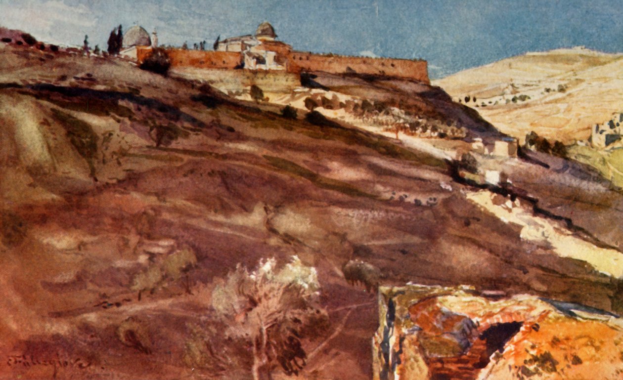 Jerozolima. - Południowa ściana obszaru świątyni, z Doliny Hinnom, o zachodzie słońca, 1902. autorstwa John Fulleylove