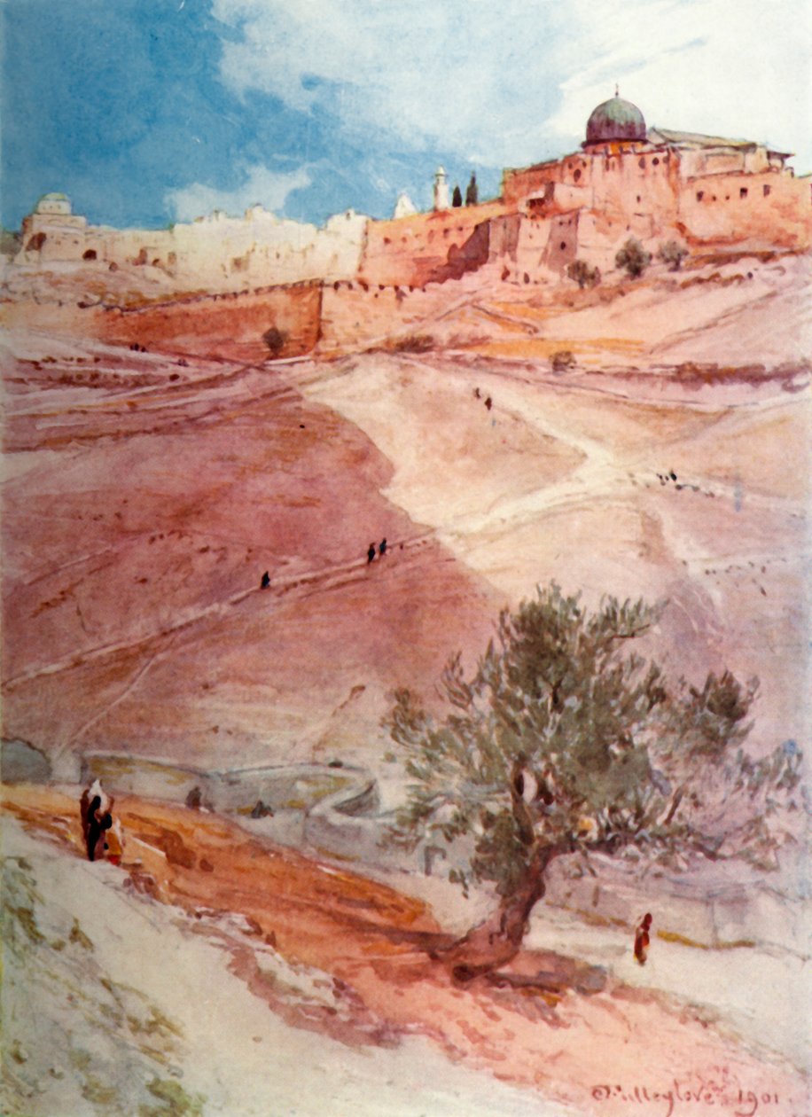 Południowa ściana Jerozolimy od północnego krańca wioski Siloam, 1902. autorstwa John Fulleylove