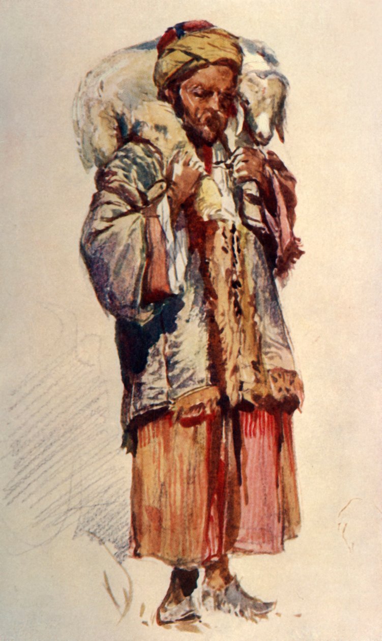 Owczarek syryjski Abu Mustapha niosący baranka na ramionach, 1902. autorstwa John Fulleylove
