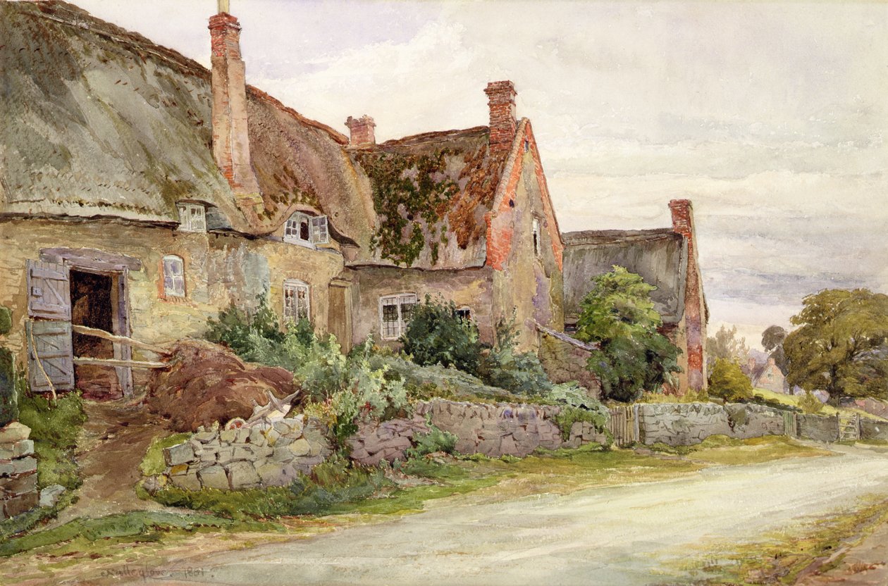Domek kryty strzechą z przylegającą stodołą, 1881 (wc i grafit na papierze) autorstwa John Fulleylove