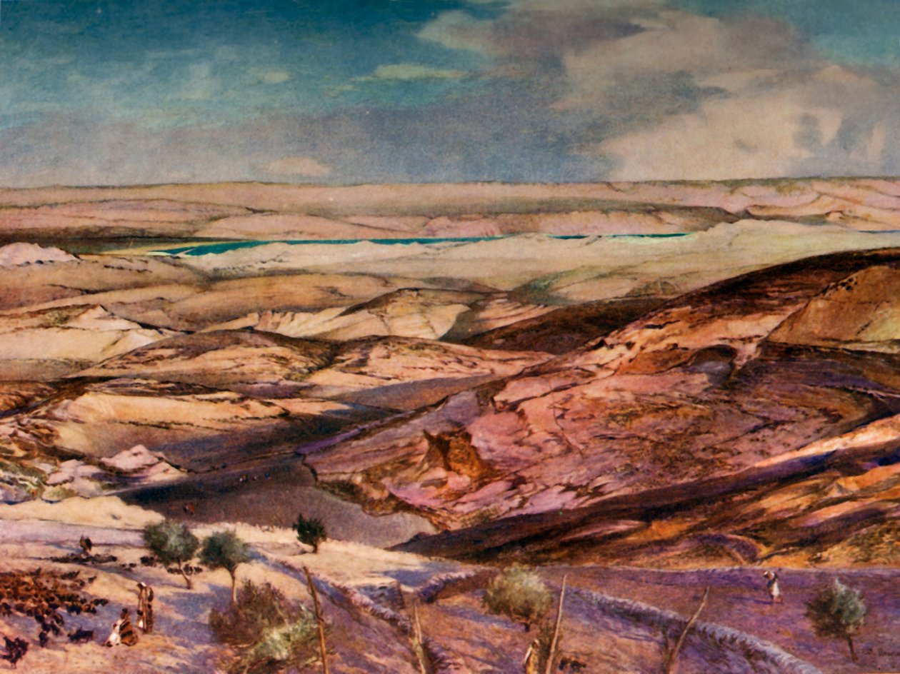 Pustynia Judzka i Morze Martwe z najwyższego punktu Góry Oliwnej, 1902. autorstwa John Fulleylove