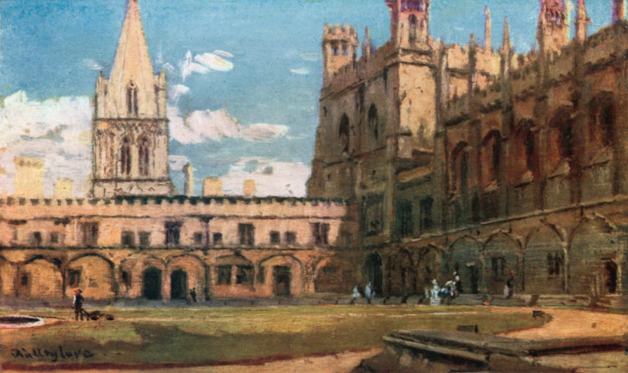 Tom Quadrangle, Christ Church, od strony południowego wejścia (kolorowa litografia) autorstwa John Fulleylove