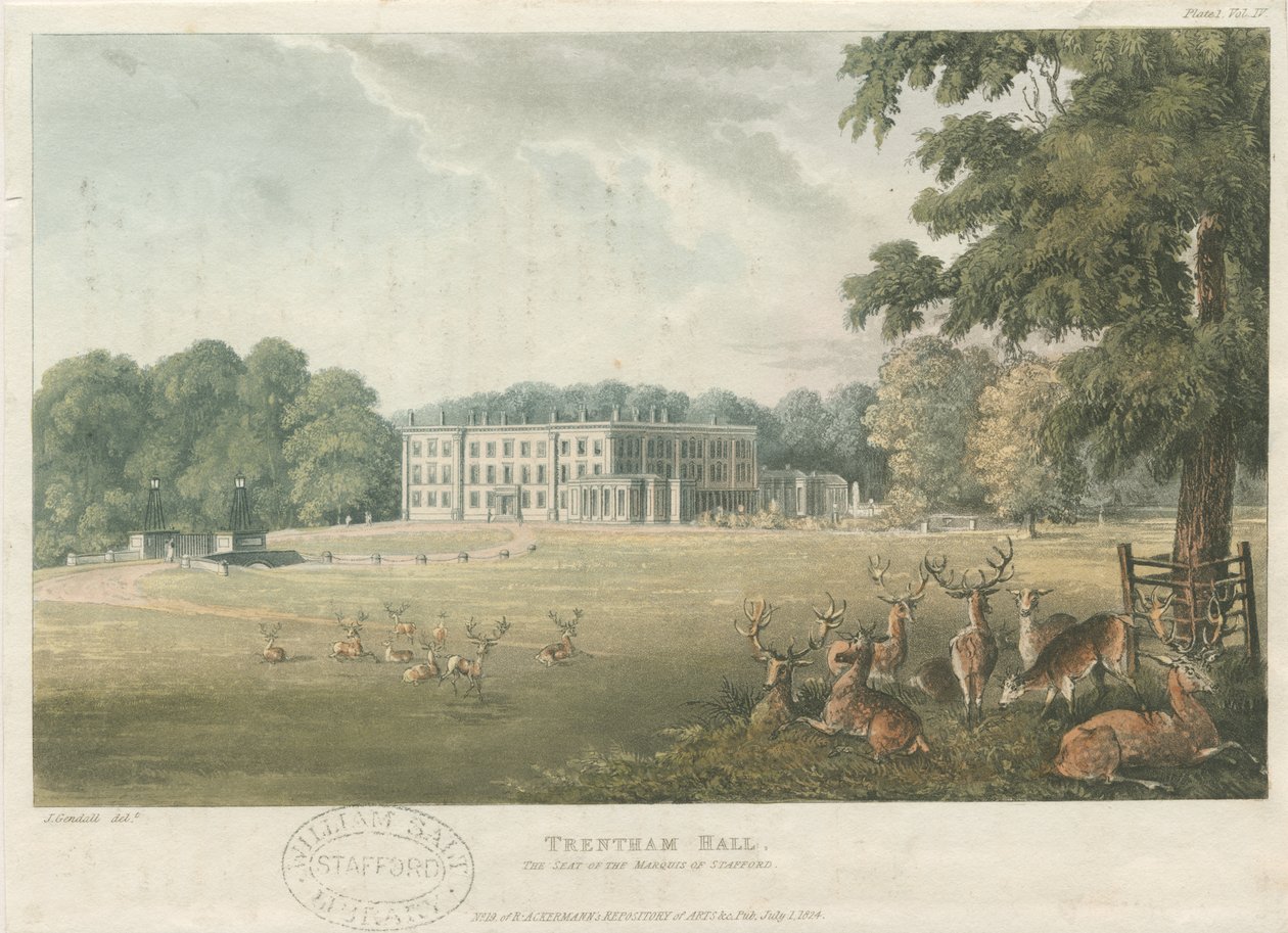 Trentham Hall: litografia kolorowa, bd [ok. 1824] (druk) autorstwa John Gendall