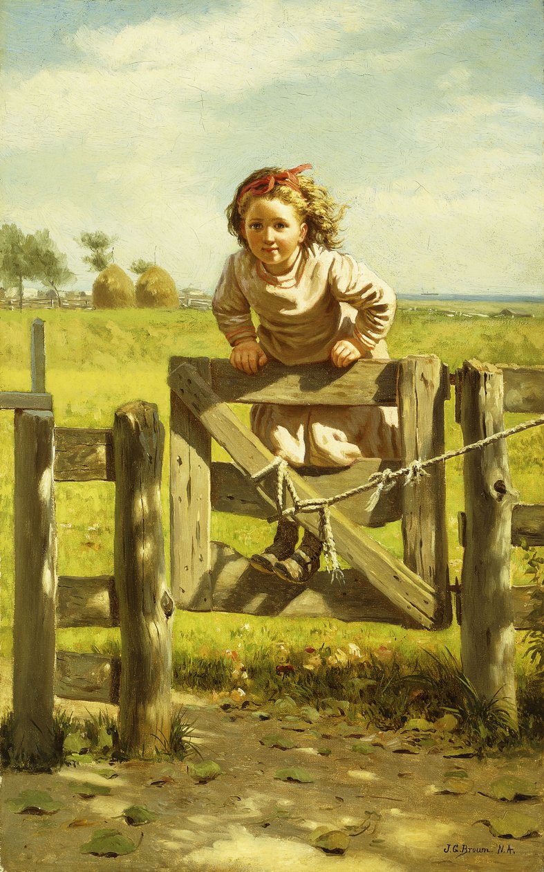 Młoda dziewczyna huśta się na bramie, autorstwa John George Brown