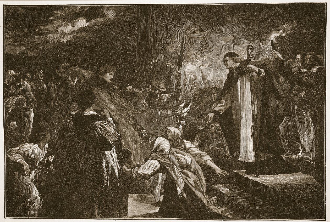 Kardynał Wolsey w opactwie Leicester Abbey, ilustracja z „Kościoła anglikańskiego: historia dla ludu” autorstwa H.D.M. Spence-Jones, wyd. ok. 1910 (zdjęcie w sepii) autorstwa John Gilbert