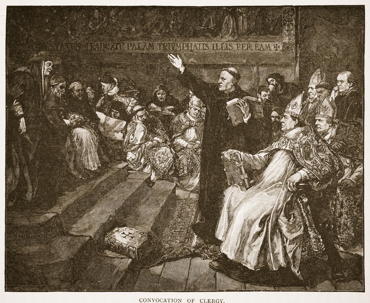 Zwołanie duchowieństwa, ilustracja z „Kościoła anglikańskiego: historia dla ludu” autorstwa H.D.M. Spence-Jones, wyd. ok. 1910 (zdjęcie w sepii) autorstwa John Gilbert