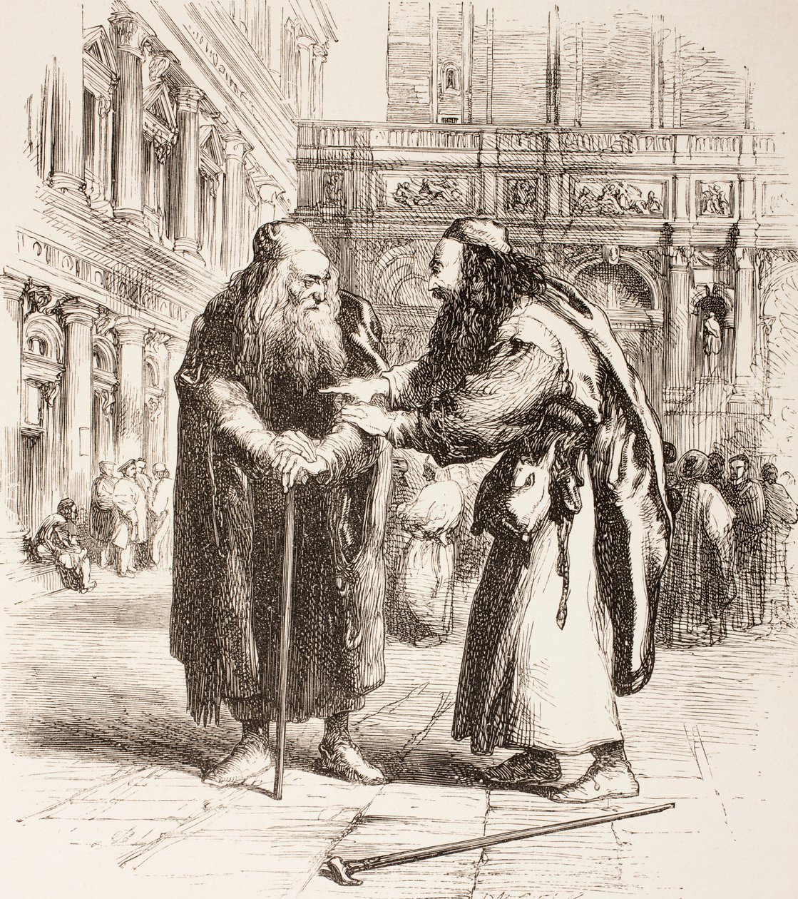 Ilustracja do Kupca weneckiego, Shylock i Tubal spotykają się na ulicy, Akt III, Scena I, z „The Illustrated Library Shakespeare”, wydanej w Londynie 1890 autorstwa John Gilbert