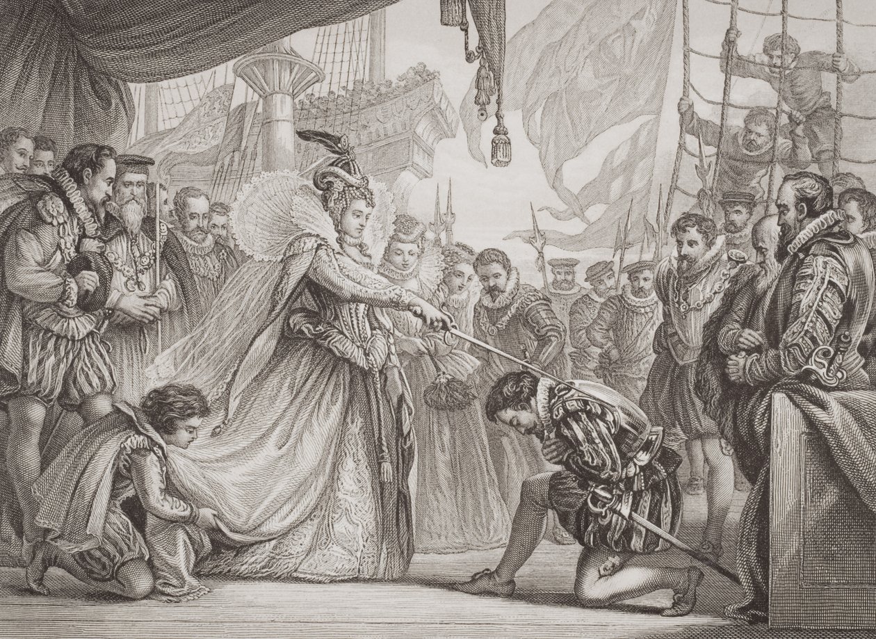 Królowa Elżbieta I (1530-1603) pasująca na rycerza Francisa Drake