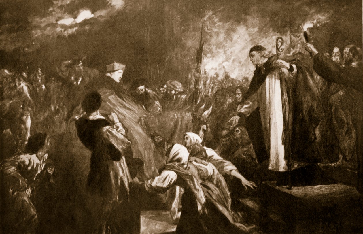 Przybycie kardynała Wolseya do opactwa Leicester, 1530, ilustracja z „Historii narodu brytyjskiego” Hutchinsona, ok.1920 autorstwa John Gilbert