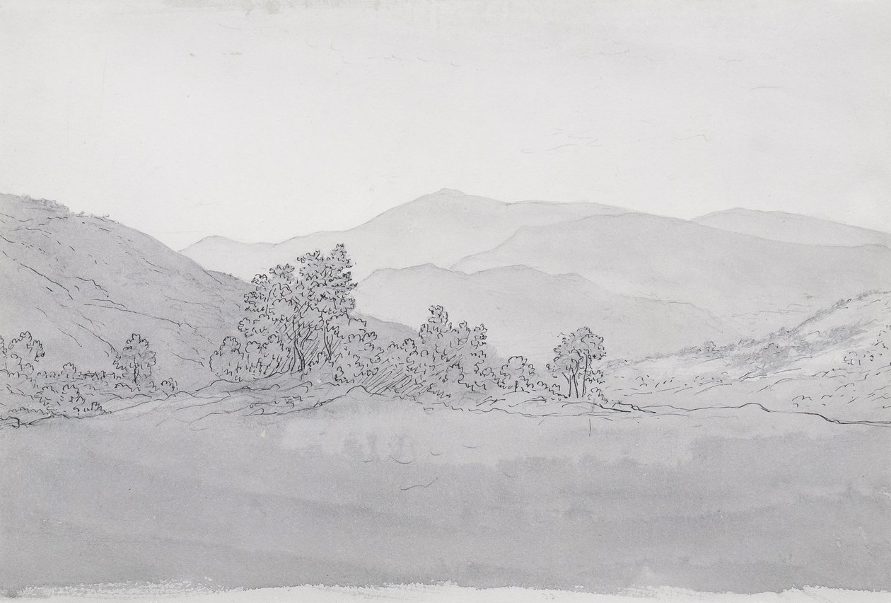 Góra Llantysilio, Walia (pióro, tusz i pranie na papierze) autorstwa John Glover