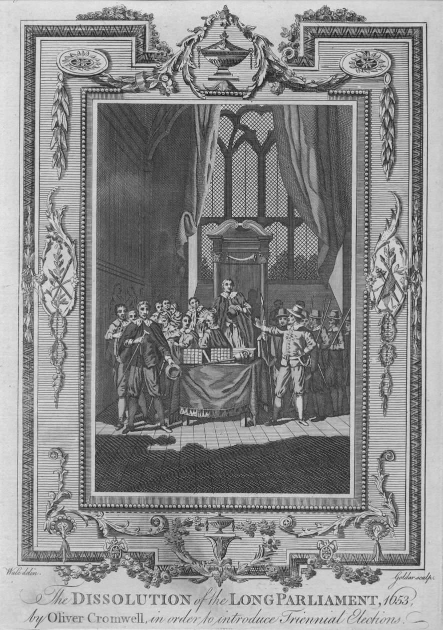 Rozwiązanie Długiego Parlamentu, 1653, przez Olivera Cromwella, w celu wprowadzenia Triennale Ele autorstwa John Goldar