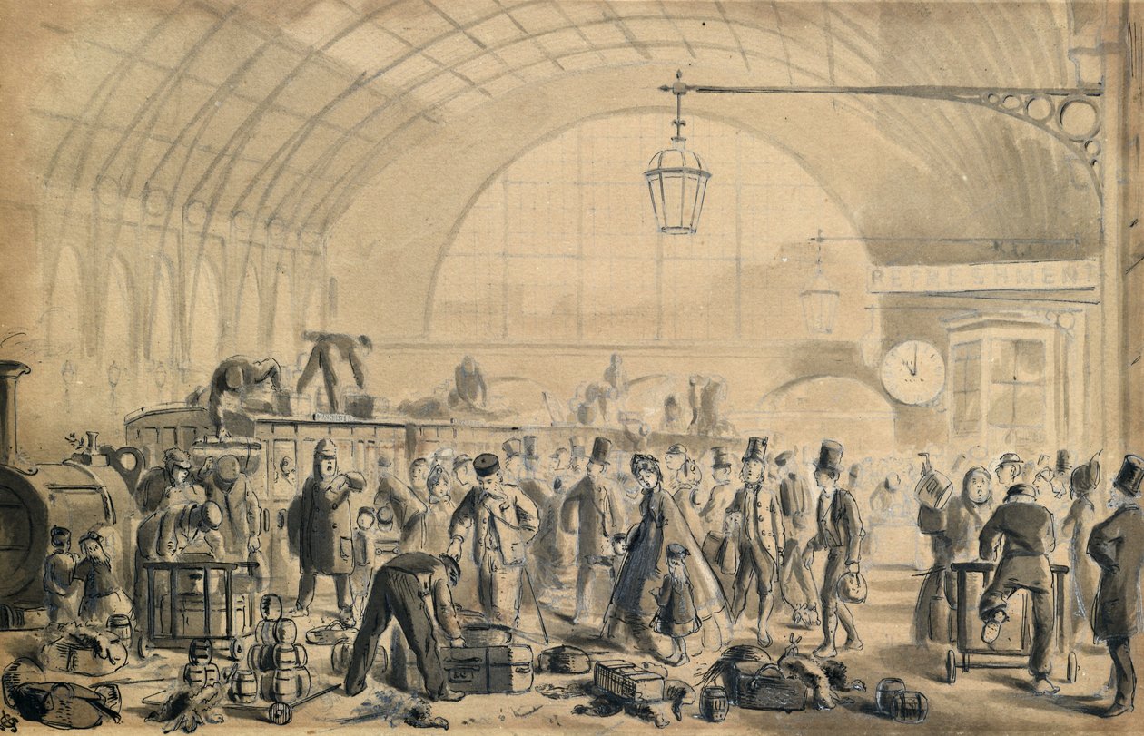 Wigilia na stacji Kings Cross, ok. 1870-90 (długopis i pranie na papierze) autorstwa John Gordon Thomson