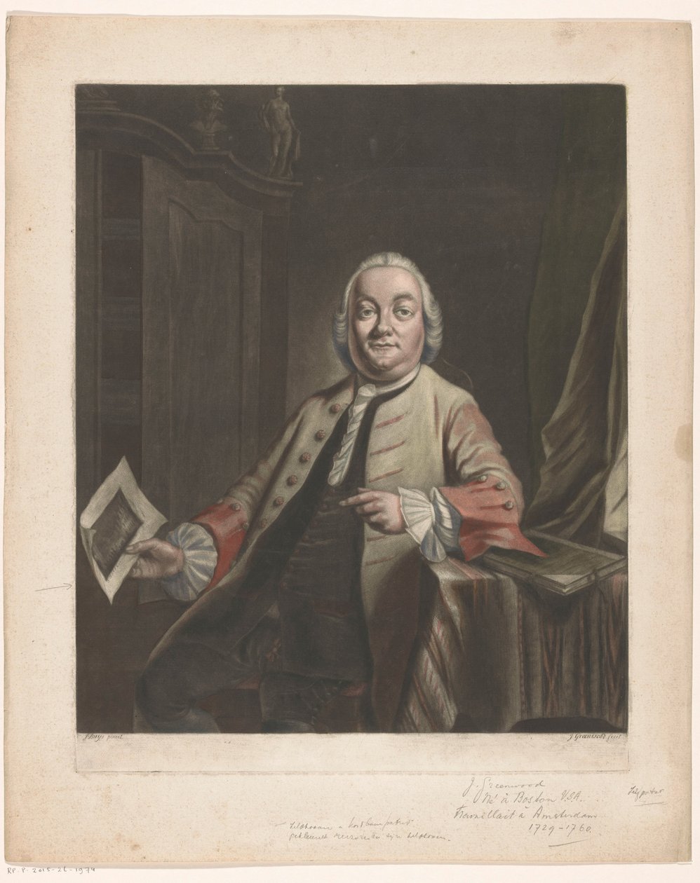 Portret Simona Fokkego z w ręku odbitką plądrowania domu Gerrita Hagedoorena, 1751 autorstwa John Greenwood