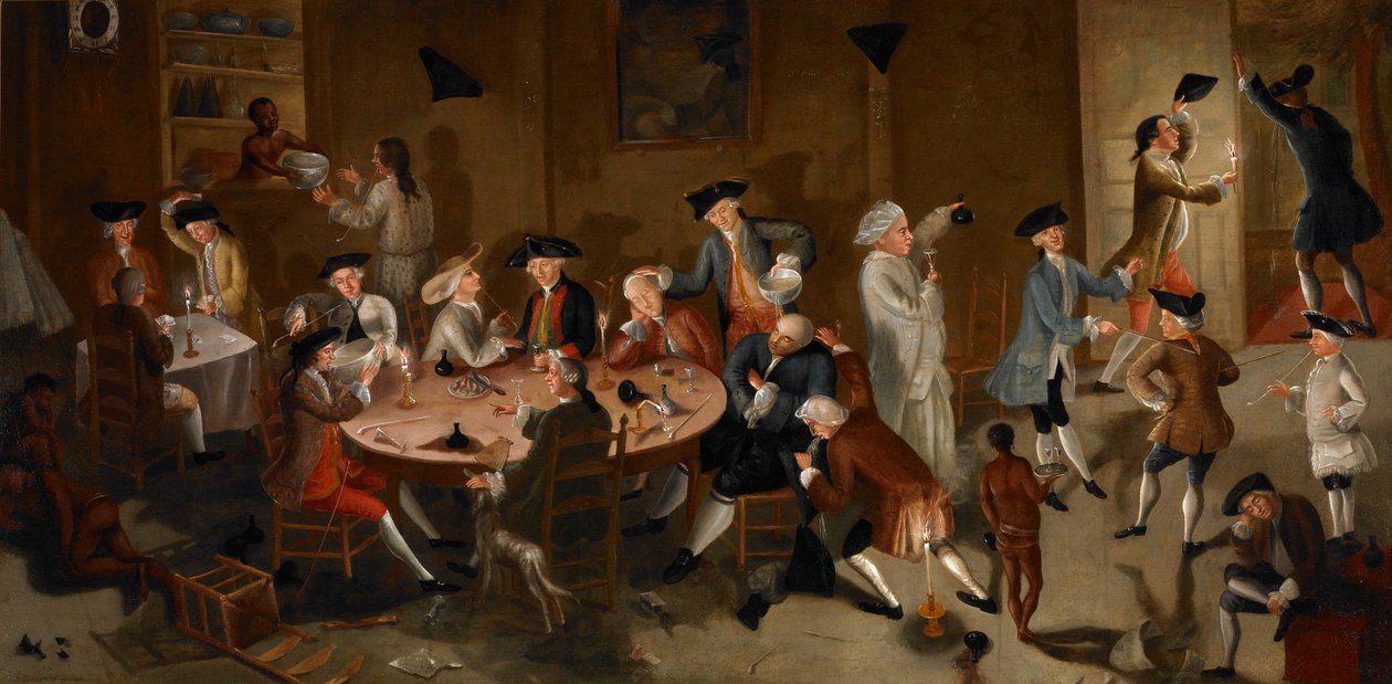 Kapitanowie morscy bawiący się w Surinamie, ok. 1752-58 (olej na obiciu łóżka) autorstwa John Greenwood