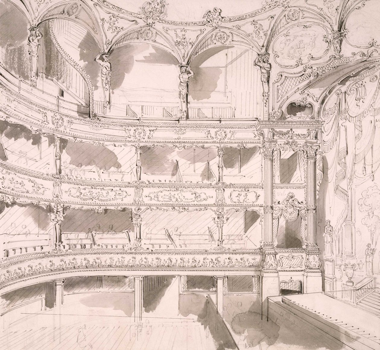 Wnętrze teatru St. James w Londynie (szkic) autorstwa Johna Gregory