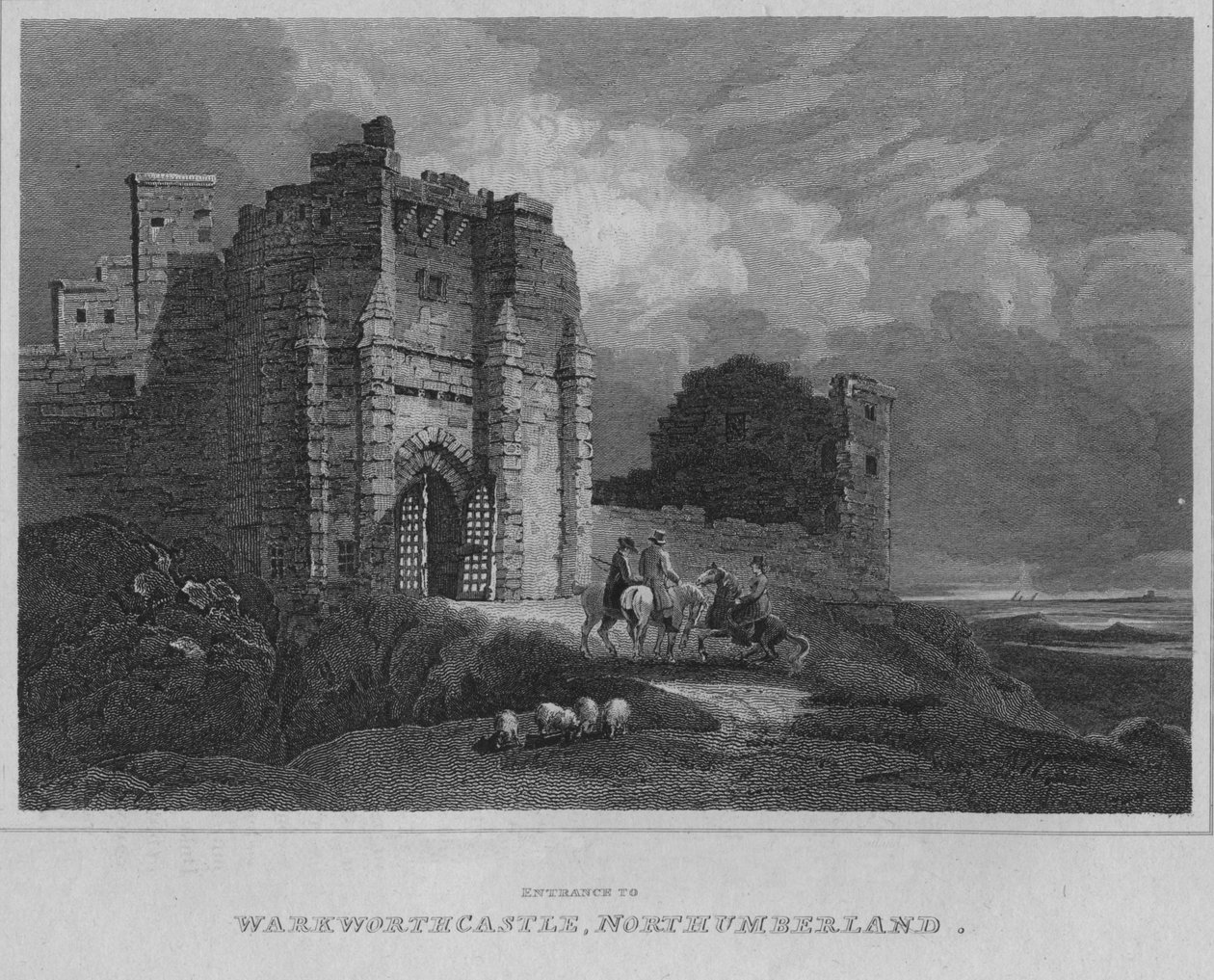 Wejście do zamku Warkworth, Northumberland, 1814 autorstwa John Greig