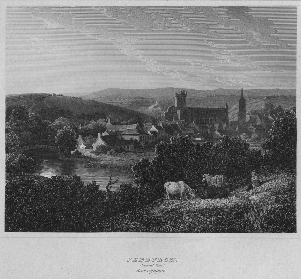 Jedburgh, Widok ogólny. Roxburghshire, 1814 autorstwa John Greig