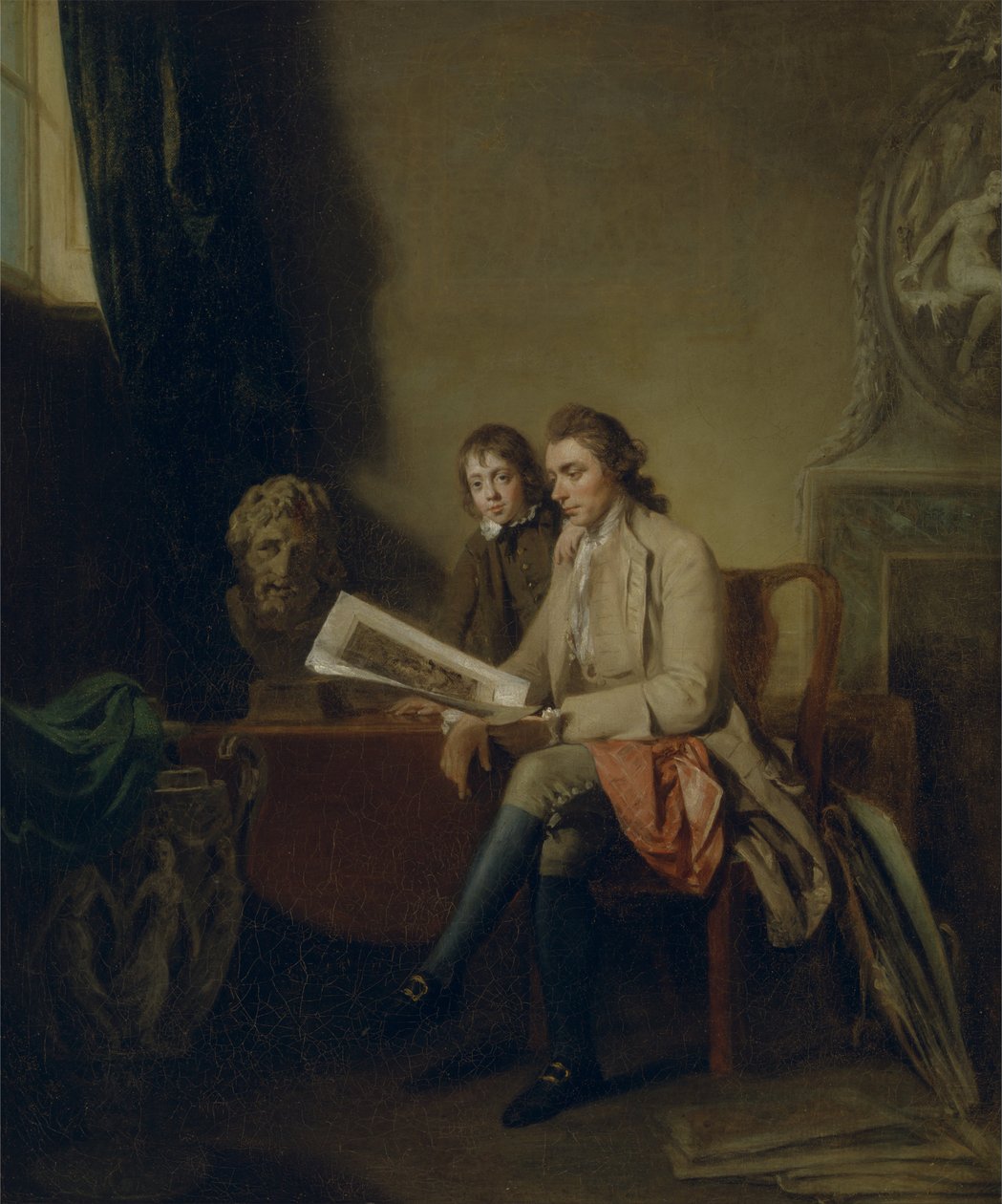 Portret mężczyzny i chłopca oglądających odbitki autorstwa John Hamilton Mortimer