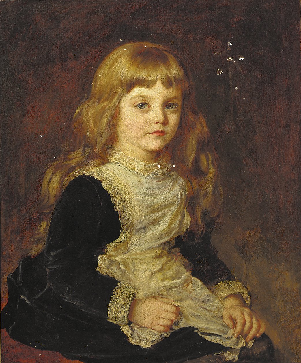 Portret Sophie Beatrix Mary Cadogan, siedzącej długości 3/4, w czarnej sukience z koronkowym fartuchem (olej na płótnie) autorstwa John Hanson Walker