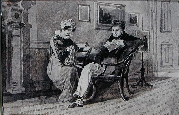 Para w swoim salonie (pióro i tusz do prania na papierze) autorstwa John Harden