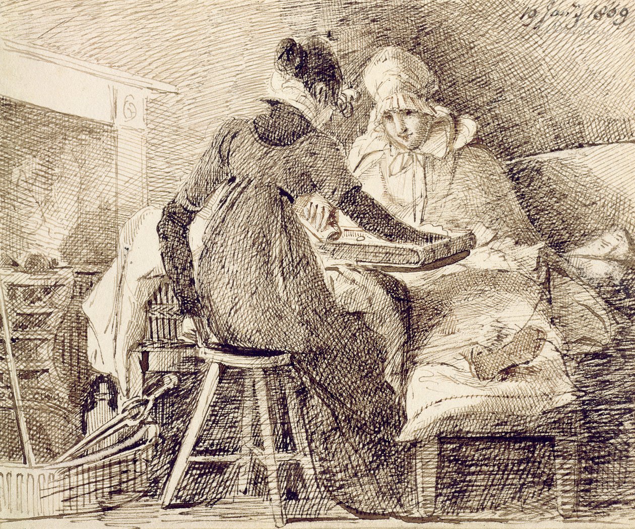 Gra w tryktrak, 19 stycznia 1809 (pióro i atrament na papierze) autorstwa John Harden
