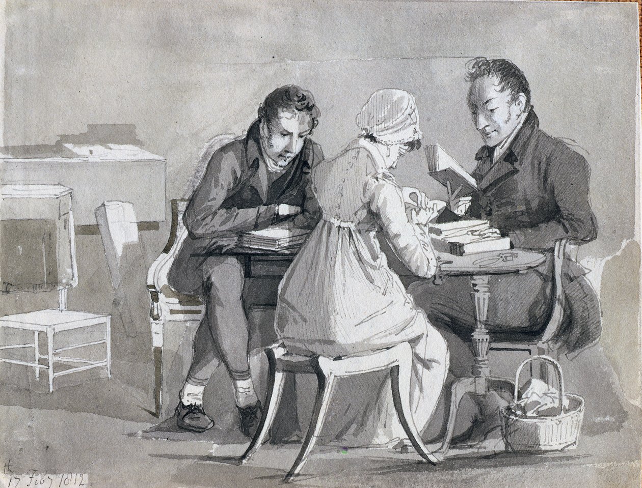 Wieczorne czytanie, 17 lutego 1812 (mycie piórem i tuszem na papierze) autorstwa John Harden
