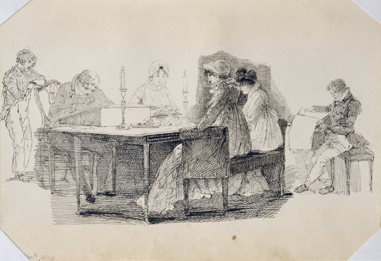 Wieczór w domu, 1804 (pióro i atrament na papierze) autorstwa John Harden