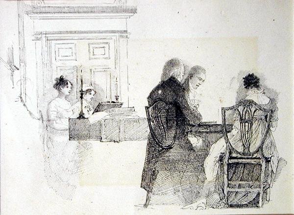 Wieczorna rozrywka (pióro i tusz na papierze) autorstwa John Harden