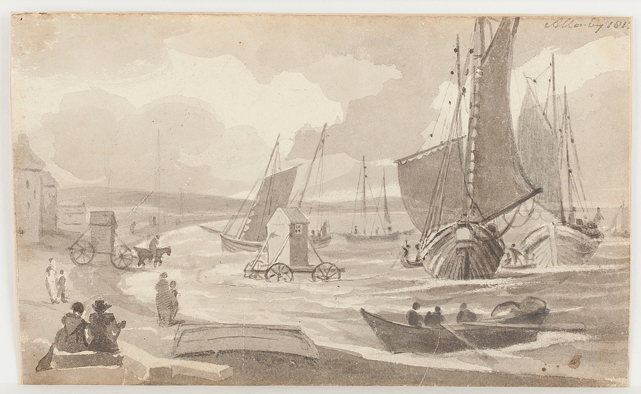 Urządzenia kąpielowe w Allonby, Cumbria, 1812 (wc na papierze) autorstwa John Harden