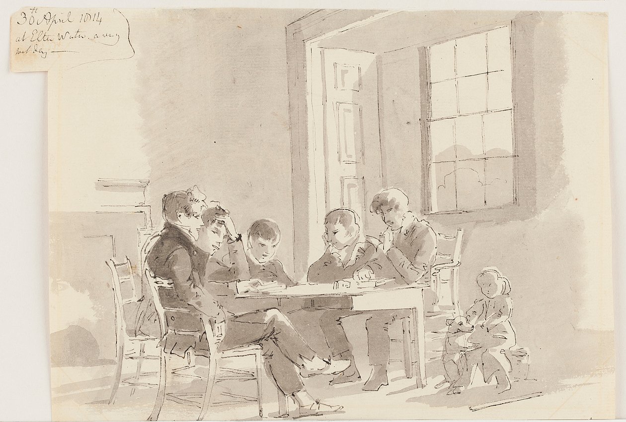 Chłopcy czytający w Storrs, Elterwater, 1814 (pióro i tusz, wash na papierze) autorstwa John Harden