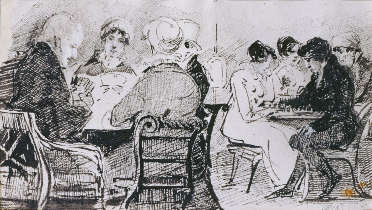 Karty i szachy, 1815 (pióro i atrament na papierze) autorstwa John Harden