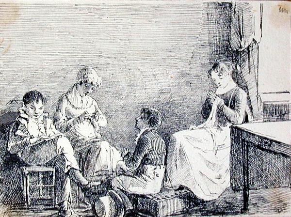 Grupa rodzinna we wnętrzu (pióro i tusz na papierze) autorstwa John Harden