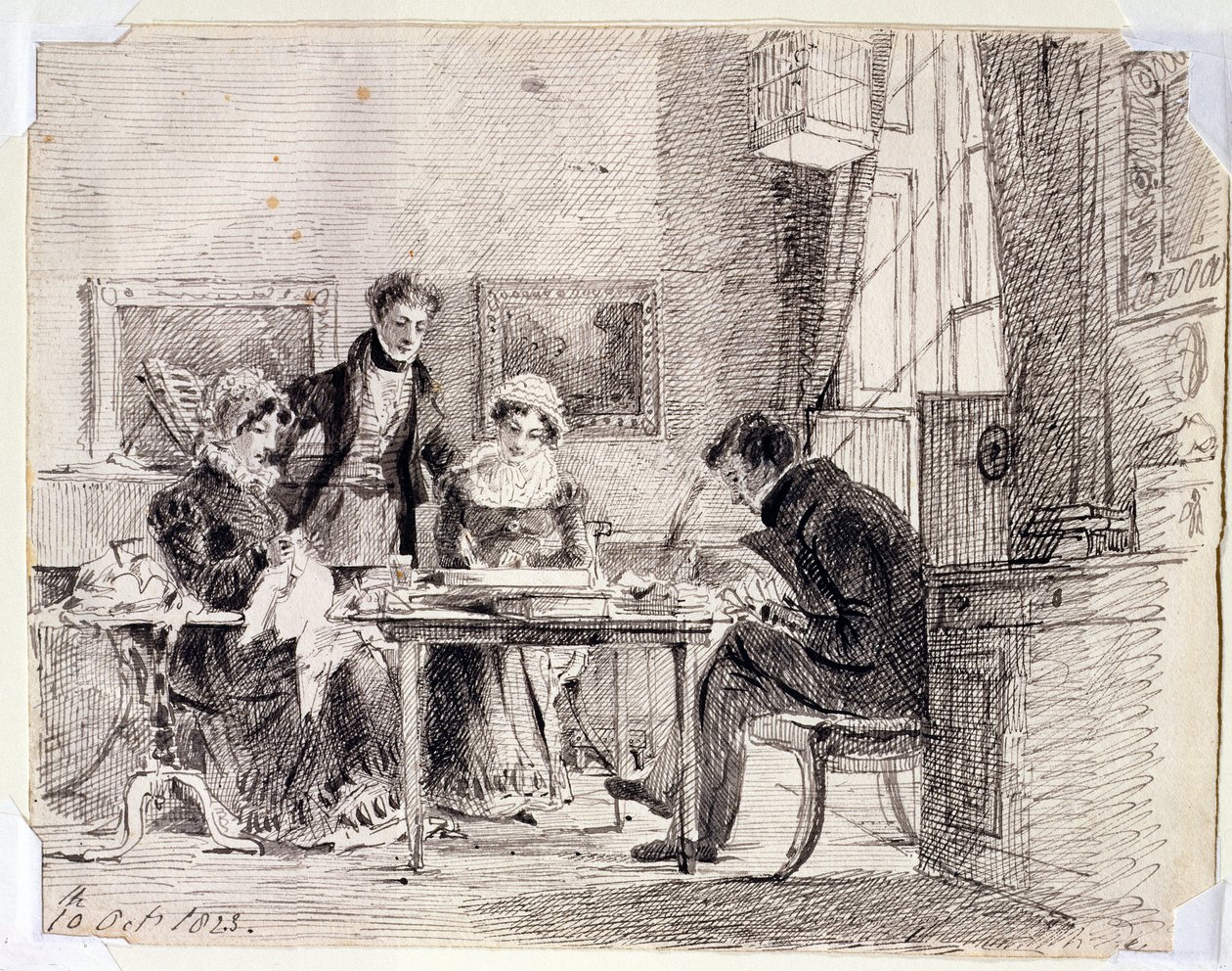 Rodzinne szycie i czytanie, 10.10.1823 (pióro i atrament na papierze) autorstwa John Harden