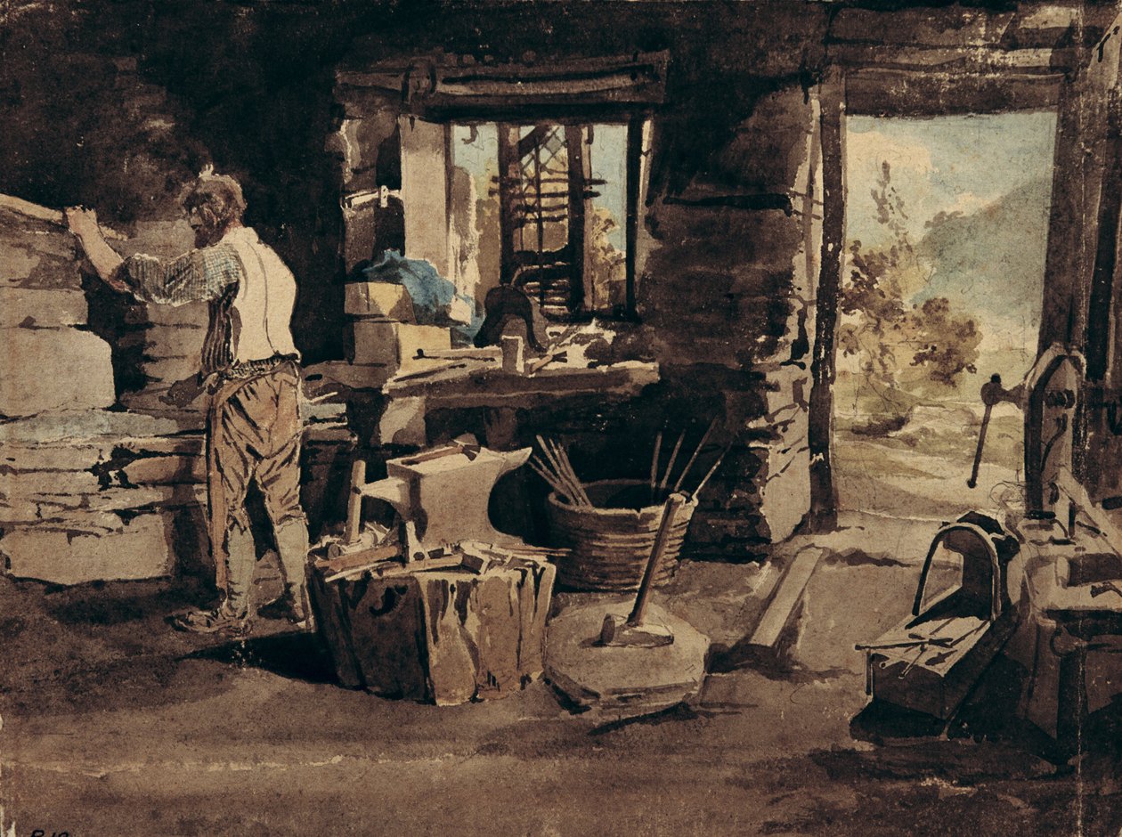 Wnętrze Kuźni, Ambleside (wc na papierze) autorstwa John Harden