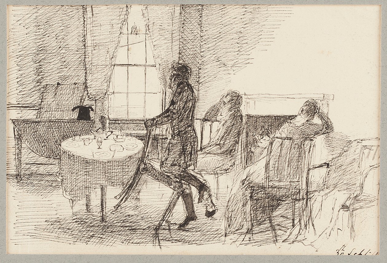 Wnętrze z figurami (pióro i tusz na papierze) autorstwa John Harden