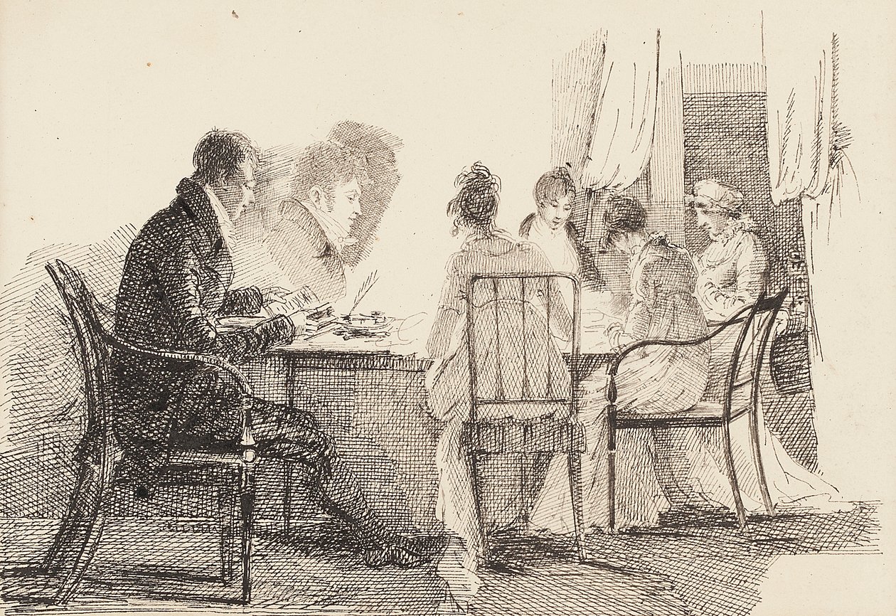 Wnętrze z siedzącymi postaciami, 1804-05 autorstwa John Harden